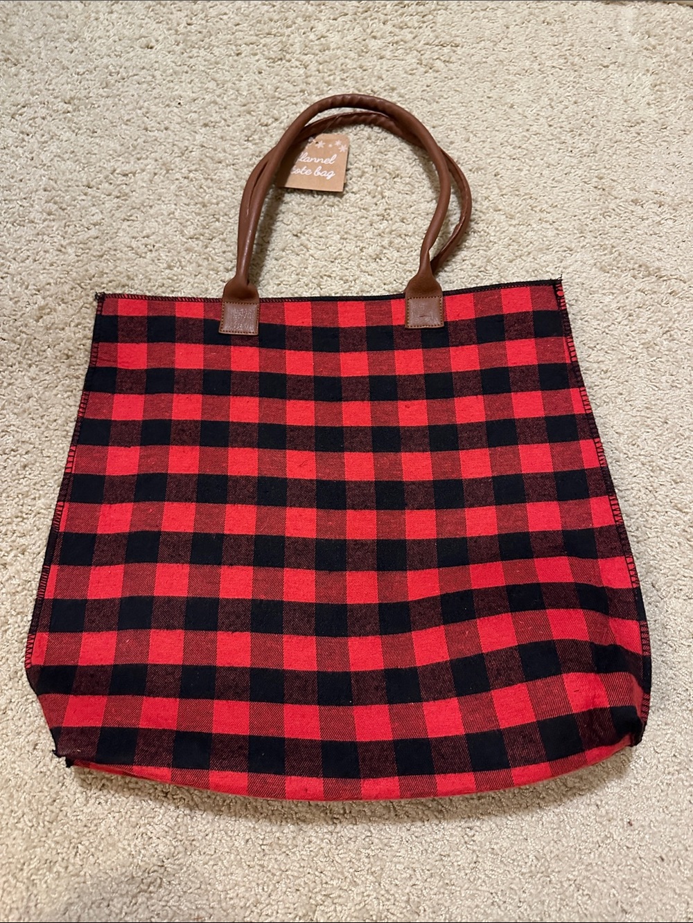 Classic Red & Black Buffalo Plaid Tote Bag with Brown Handles
